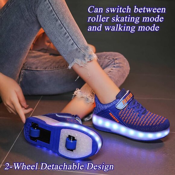 Kid's Girls Double Wheel Blue Lighting Skate Sneaker USB Chargable LED Shoes - Picture 4 of 9